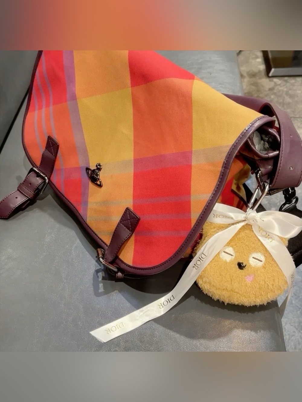 Vivienne Westwood Plaid Shoulder Bag with Purple Trim
